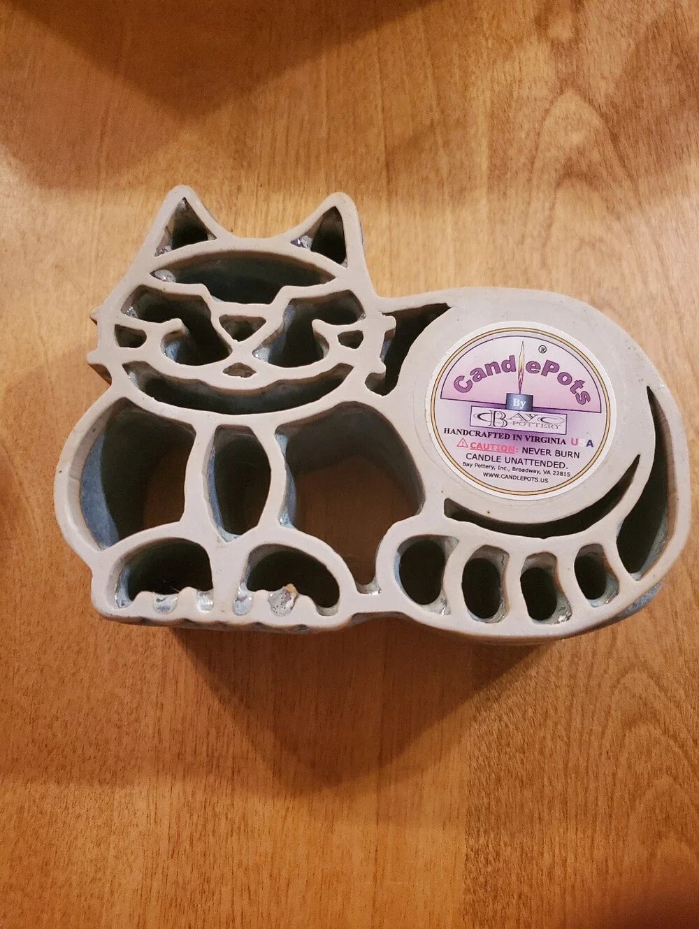 Candle Pots Kitty Cat Blue Brown Drip Glaze Votive Holder Bay Pottery USA MADE
